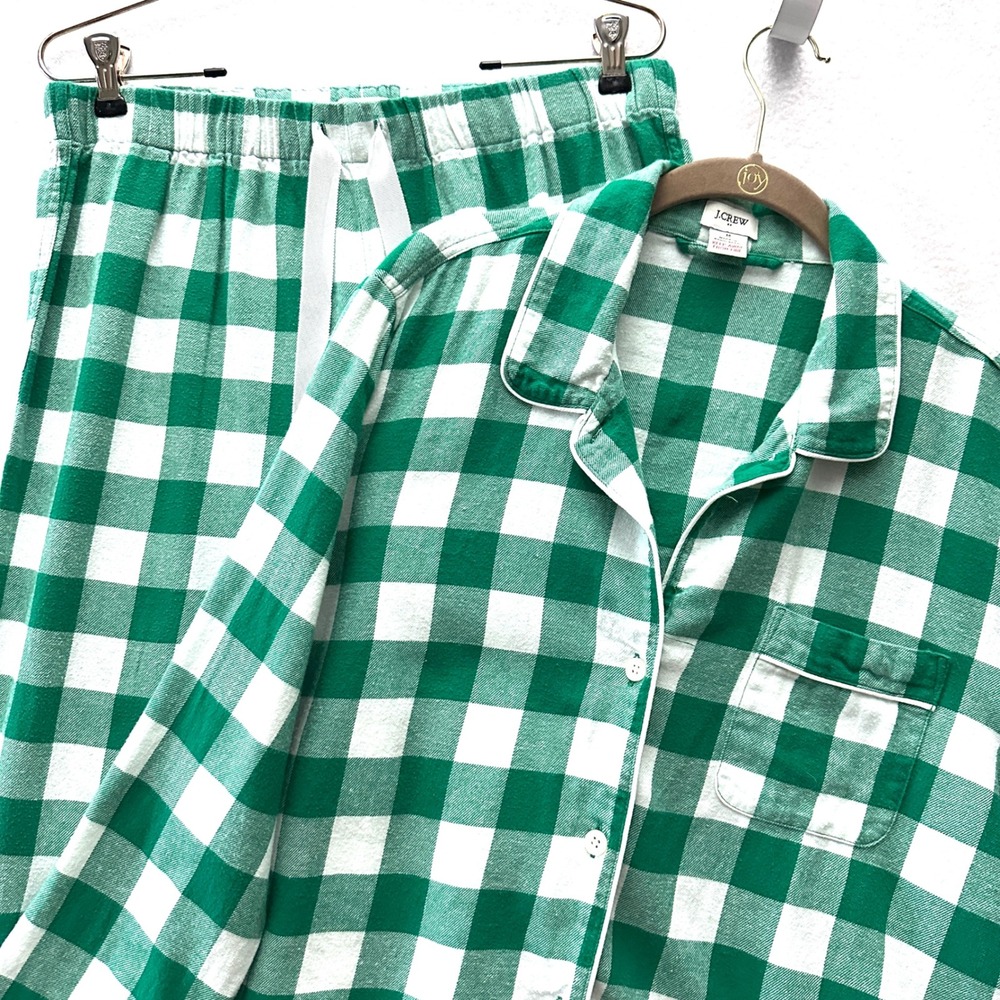J.Crew M Green Gingham Flannel Pajama Set Button Down Long Sleeve PJ Top Pant